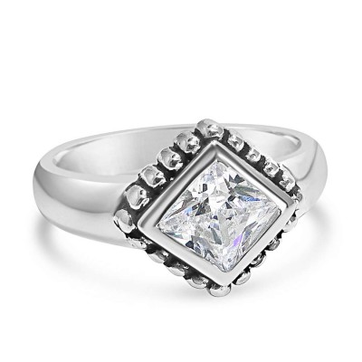 Sterling Silver Ring Diamond Shape Oxidized Around Clear Cubic Zirconia Squ 