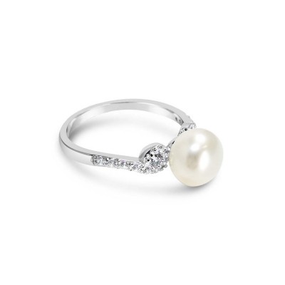 Sterling Silver Ring 8 Mm Fresh Water Pearl Clear Cubic Zirconia Wavy Side 