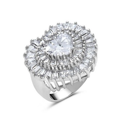 Sterling Silver Ring Heart Shape Clear Cubic Zirconia Baguette Double Line 