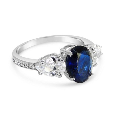 Sterling Silver Ring Tri-Stone Sapphire Glass Oval, Tear Drops 