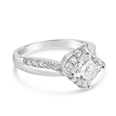 Sterling Silver Ring Square Clear Cubic Zirconia Sideline Clear Cubic Zirconia 