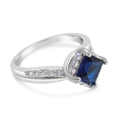 Sterling Silver Ring Square Sapphire Glass Sideline Clear Cubic Zirconia 