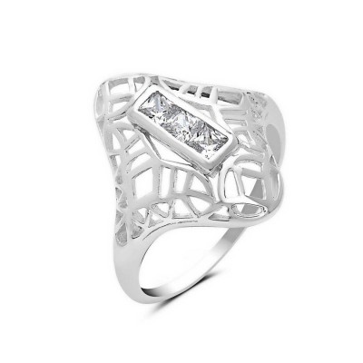 Sterling Silver Ring Streamline Diamond Filigree 3 Square Clear 