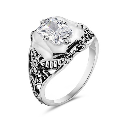 Sterling Silver Ring Rectangular Clear Cubic Zirconia Filigree Sides 