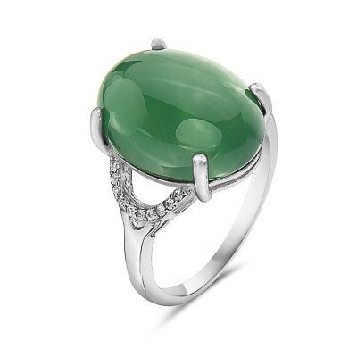 Sterling Silver Ring Oval Genuine Green Chalceldony Clear Cubic Zirconia Y 