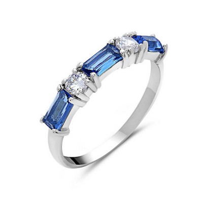 Sterling Silver Ring 3 Baguette Tanzannite Glass Band 2 Clear 