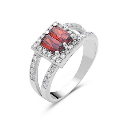 Sterling Silver Ring 2 Garnet Cubic Zirconia Baguette Square Shape Clear C Cl