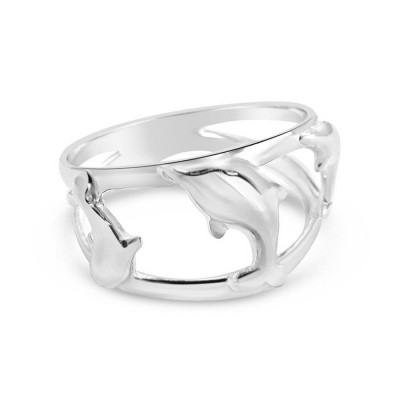 Sterling Silver Ring Plain 3 Dolphin In Between 2 Lines