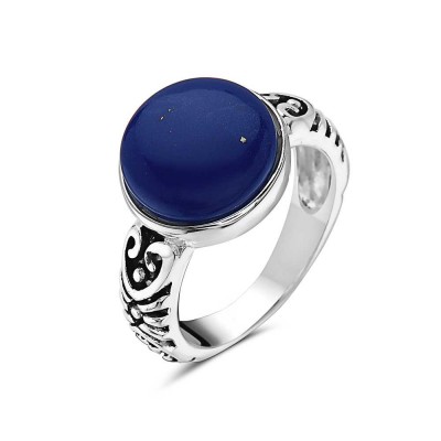 Sterling Silver RING RECONSTRUCTED LAPIS LAZULI ROUND SIDE OXID