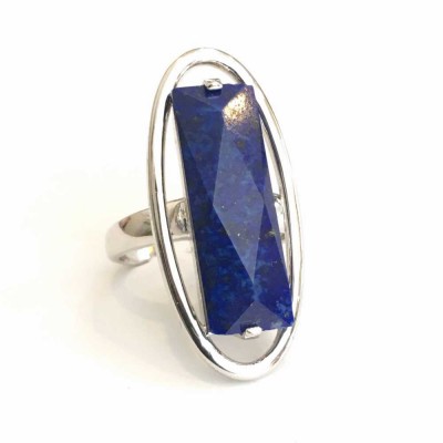 Sterling Silver RING LONG OVAL WITH BAGUETTE GENUINE LAPIS