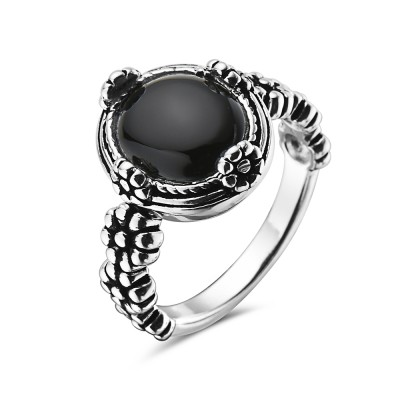 Sterling Silver RING OVAL BLACK ONYX  OXIDIZEDS FLOWERS