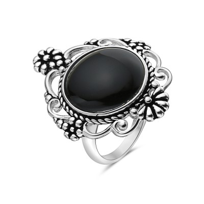 Sterling Silver RING VICTORIA MIRROR FLOWER VINE OXIDIZED ROUND