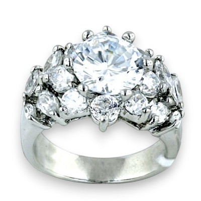 Brass Ring 9mm Round Clear Cubic Zirconia Flower with Marquis