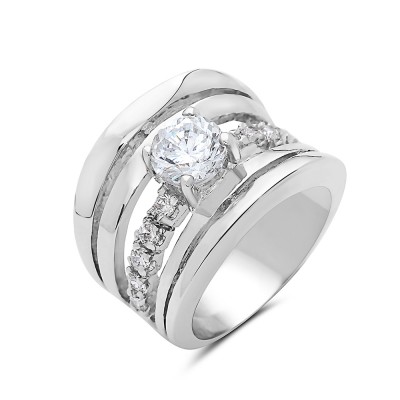 Brass Ring 6.5mm Round Clear Cubic Zirconia with 4 Silver+1 Clear