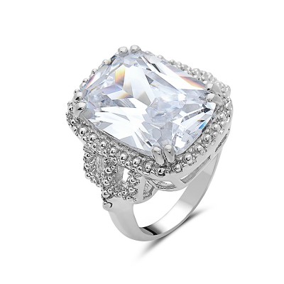 Brass Ring 18X13mm Rectangular Clear Cubic Zirconia with Doted Edge A
