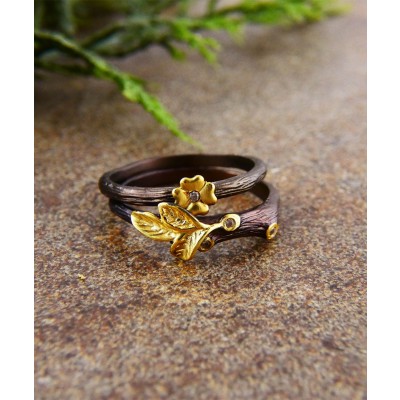 Brass Forest Ring Set - Leafy Golden Flowers