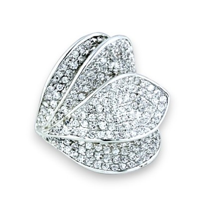 Brass Ring Leaves with Clear Cubic Zirconia Pave-Rhodium Plating-