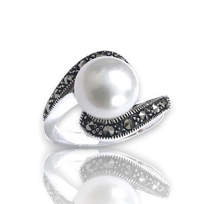 Marcasite Ring Bypass Lines 9 Mm Fresh Water Pearl Pearl