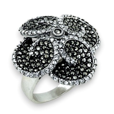 Marcasite Ring 4 Petals Flower Pave Marcasite Clear Cubic Zirconia Li