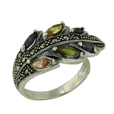 Marcasite Ring Leaf Amethyst+Garnet +Olivine+Citrine+Champagne+Amethyst Cubic Zirconia