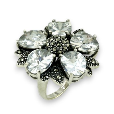 Marcasite Ring with 5 Clear Petal Cubic Zirconia and Marcasite Center and Le