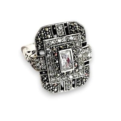 Marcasite RING ART DECO OCTAGON  RECTANGULAR CLEAR Cubic Zirconia