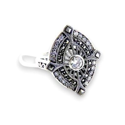 Marcasite RING MARQUIS ART DECO RADIATING LINES ROUND AND