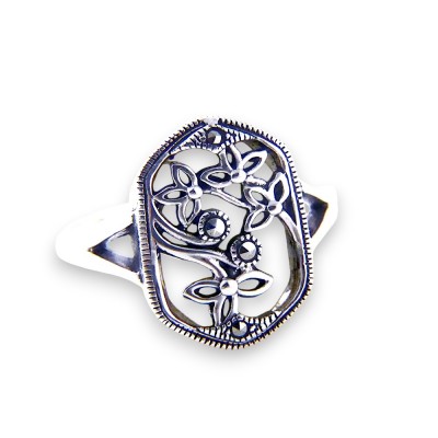 Marcasite RING HEXIGON Mother of Pearl BASE WITH MARCASITE AND FLOWER