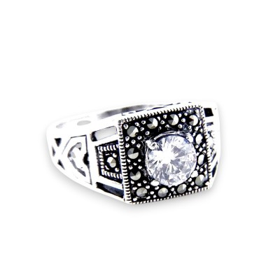 Marcasite RING SQUARE SHAPE ROUND CLEAR Cubic Zirconia CENTER CUTOUT