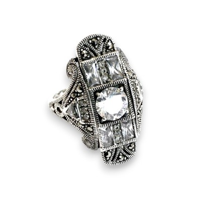 Marcasite RING ART DECO CLEAR Cubic Zirconia ROUND AND BAGUETTE LONG