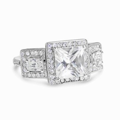 Sterling Silver Ring Micropave Tri-Stone Clear CZ