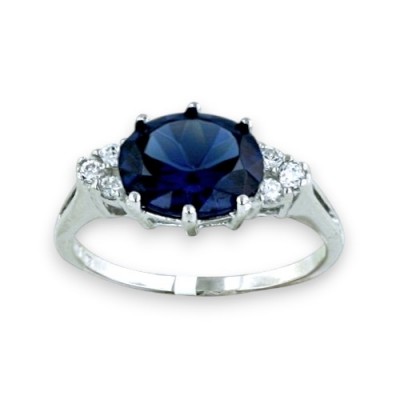 Sterling Silver Ring 8-10mm Oval Faceted Sapphire Glass with Clear C