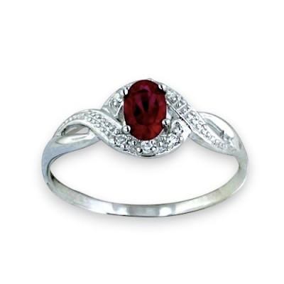 Sterling Silver Ring Wavy Clear Cubic Zirconia Lines with Oval Synthetic.Ruby 4 Prong