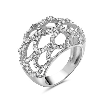 Sterling Silver Ring Open Fish Scale Dome with Clear Cubic Zirconia