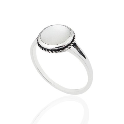 STERLING SILVER RING 9MM MOTHER OF PEARL WRAP W/ ROPE *OXIDIZED