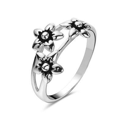 Sterling Silver Ring Three Flowers Oxidized  1S-8466EX 