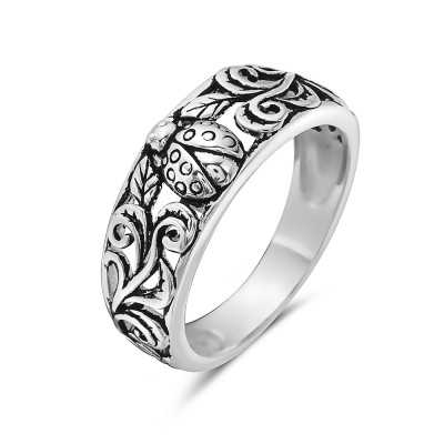 Sterling Silver RING OXIDIZED ENCLOSED LADYBUG FILIGREE