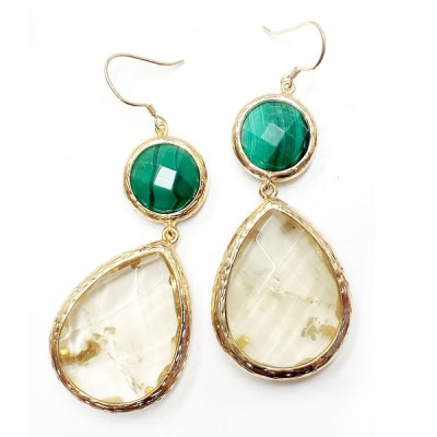 BRONZE EARRING GENUINE MALACHITE/LEMON QUARTZ