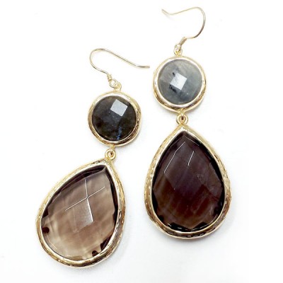 BRONZE EARRING GENUINE SMOKEY QUARTZ/LABRADORITE