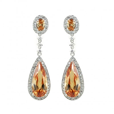 Brass Earring Oval+Teardrop Ch Cz With Clear Cz Ar, Multicolor