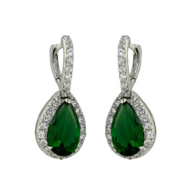 Brass Earring Clear Cz+Green Glass Teardrop, Multicolor