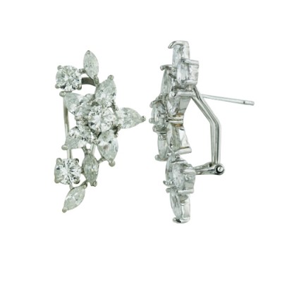 Brass Earring Clear Cz Marquis Flower, Clear