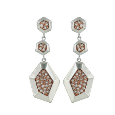 Brass Earring Rosegold Plate+Clear Cz Irregular Sh, Clear