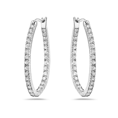 Brass Earring 30mm Oval Huggie with Clear Cubic Zirconia In-And-Out-Rhodium Plating