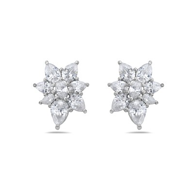 Brass Earring 23X18mm Clear Cubic Zirconia Tear Drop Flower Petals