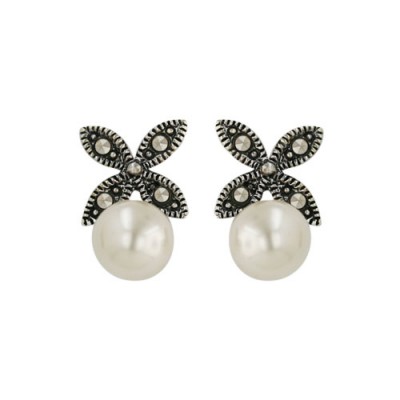 Brass Earg Four Petals Flower W/6*6Mm Faux Pearl