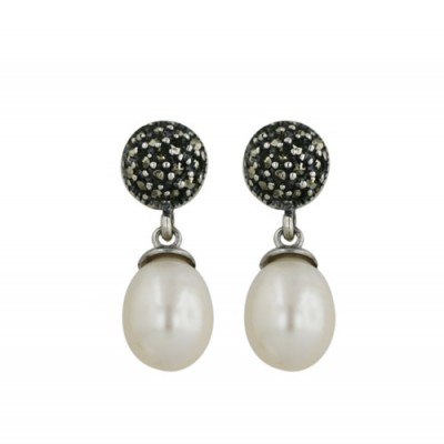 Marcasite Earring Round Pave Marcasite Oval Fresh Water Drop