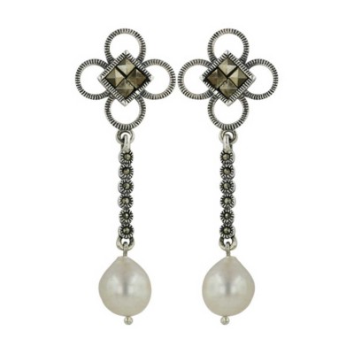 Marcasite Earring Flower Top Qz Cntr +8-10mm Teardrop Fresh