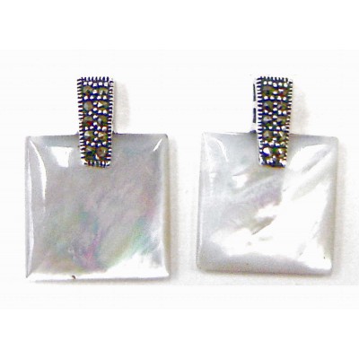 Marcasite Earring 18X18mm White Mother of Pearl Square