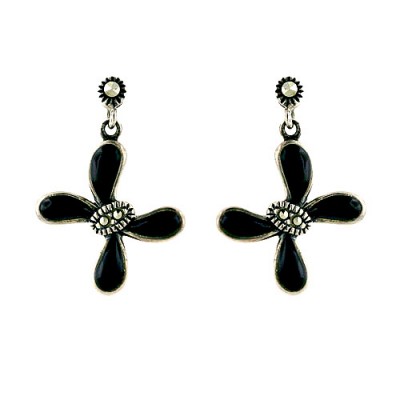 Marcasite Earring 4 Onyx Tear Drop+Marcasite Dangle